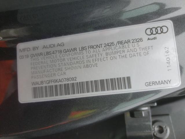 2019 AUDI S3 PREMIUM WAUB1GFF6KA078092
