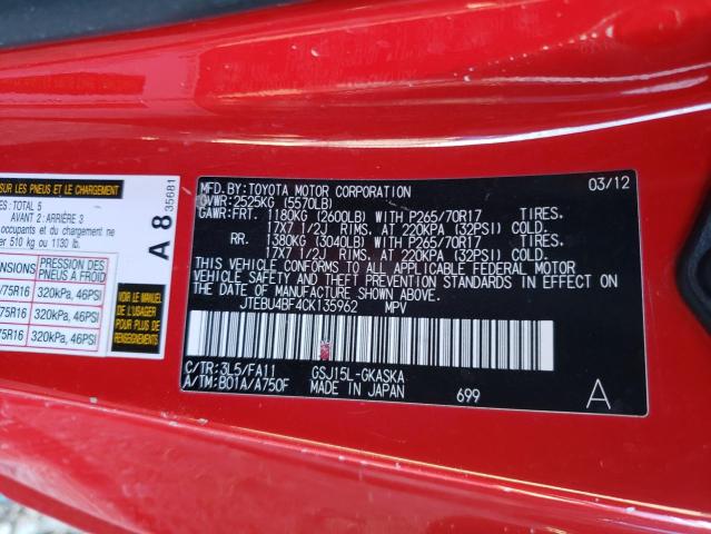 2012 TOYOTA FJ CRUISER JTEBU4BF4CK135962