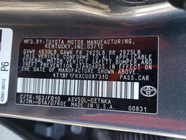 2012 TOYOTA CAMRY BASE 4T1BF1FKXCU087310