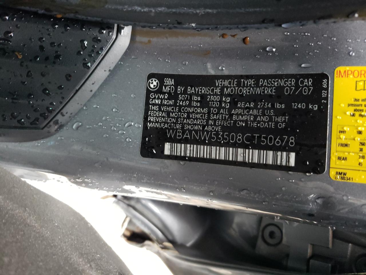 2008 BMW 550 I VIN: WBANW53508CT50678 Lot: 63713011