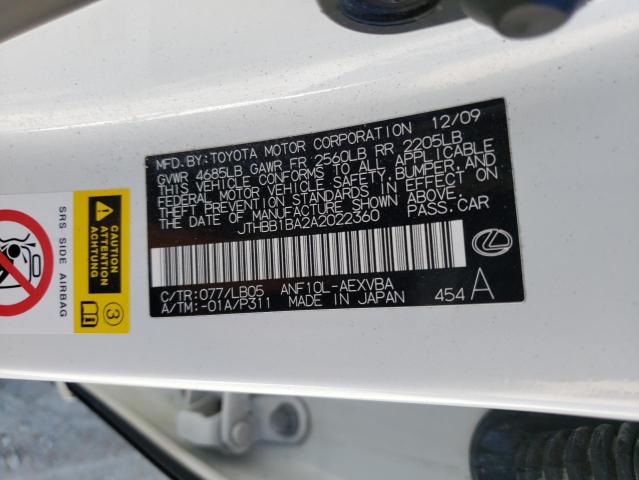 2010 LEXUS HS 250H JTHBB1BA2A2022360