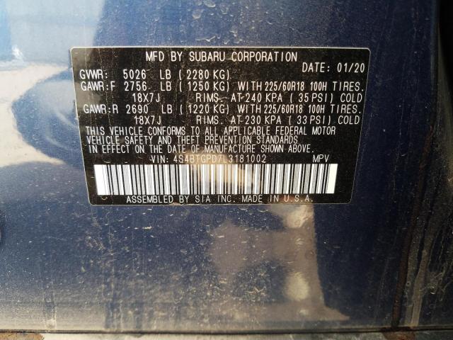 2020 SUBARU OUTBACK TO 4S4BTGPD7L3181002