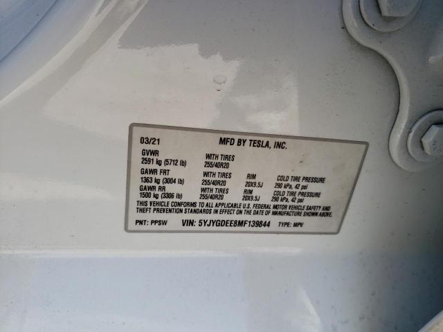 2021 TESLA MODEL Y 5YJYGDEE8MF139844