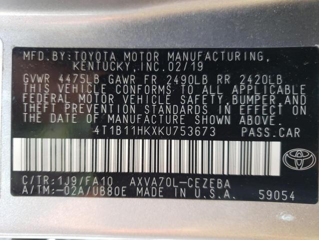 2019 TOYOTA CAMRY L AU 4T1B11HKXKU753673