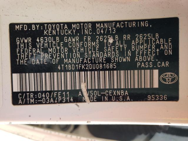 2013 TOYOTA CAMRY HYBR 4T1BD1FK2DU081685