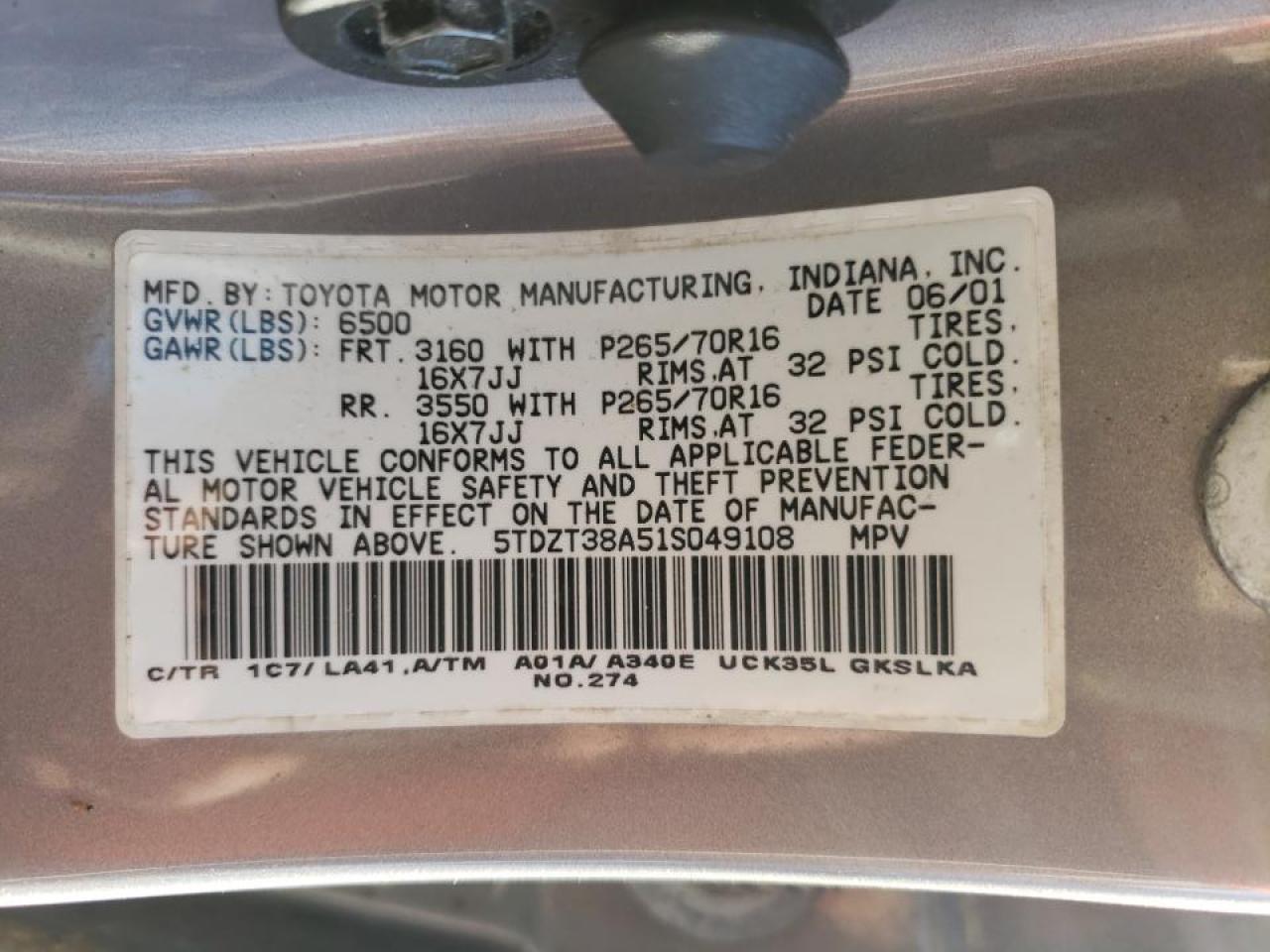 2001 Toyota Sequoia Limited VIN: 5TDZT38A51S049108 Lot: 65628881