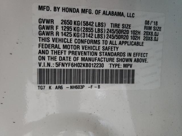 2019 HONDA PILOT ELIT 5FNYF6H02KB012230