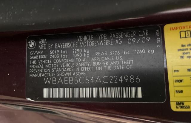 2010 BMW 650 I WBAEB5C54AC224986