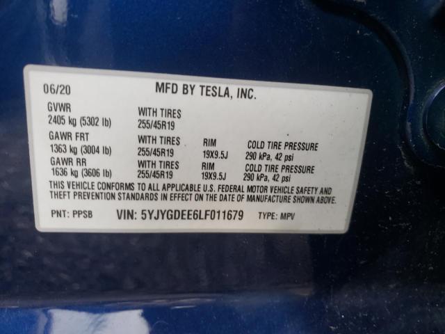 2020 TESLA MODEL Y 5YJYGDEE6LF011679