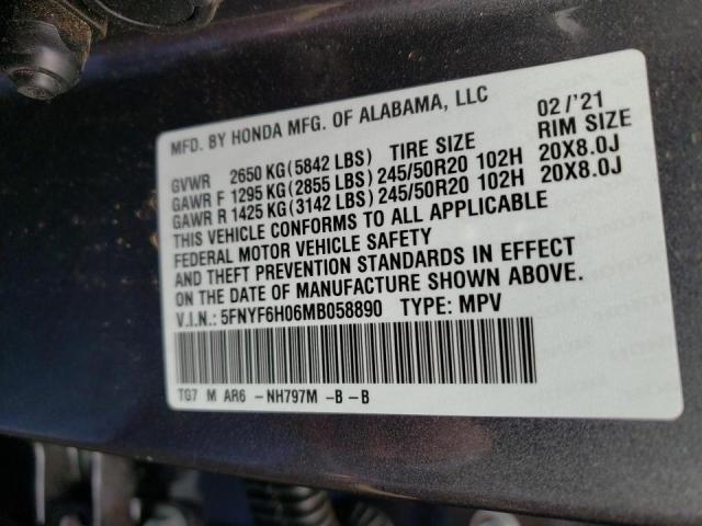2021 HONDA PILOT ELIT 5FNYF6H06MB058890