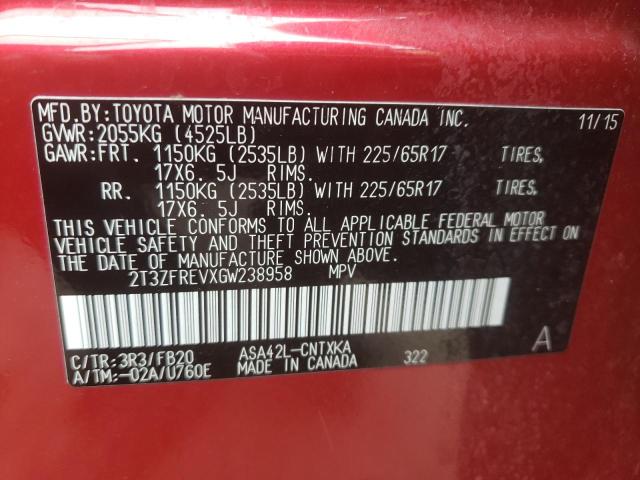 2016 TOYOTA RAV 4 2T3ZFREVXGW238958