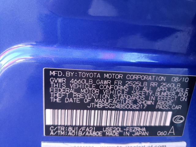 2011 LEXUS IS F JTHBP5C24B5008217