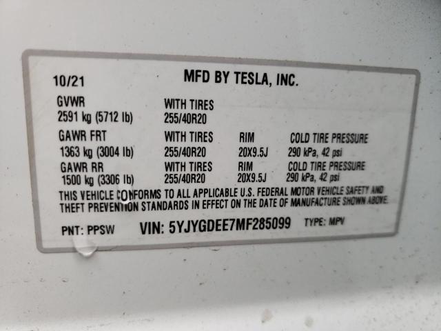 2021 TESLA MODEL Y 5YJYGDEE7MF285099
