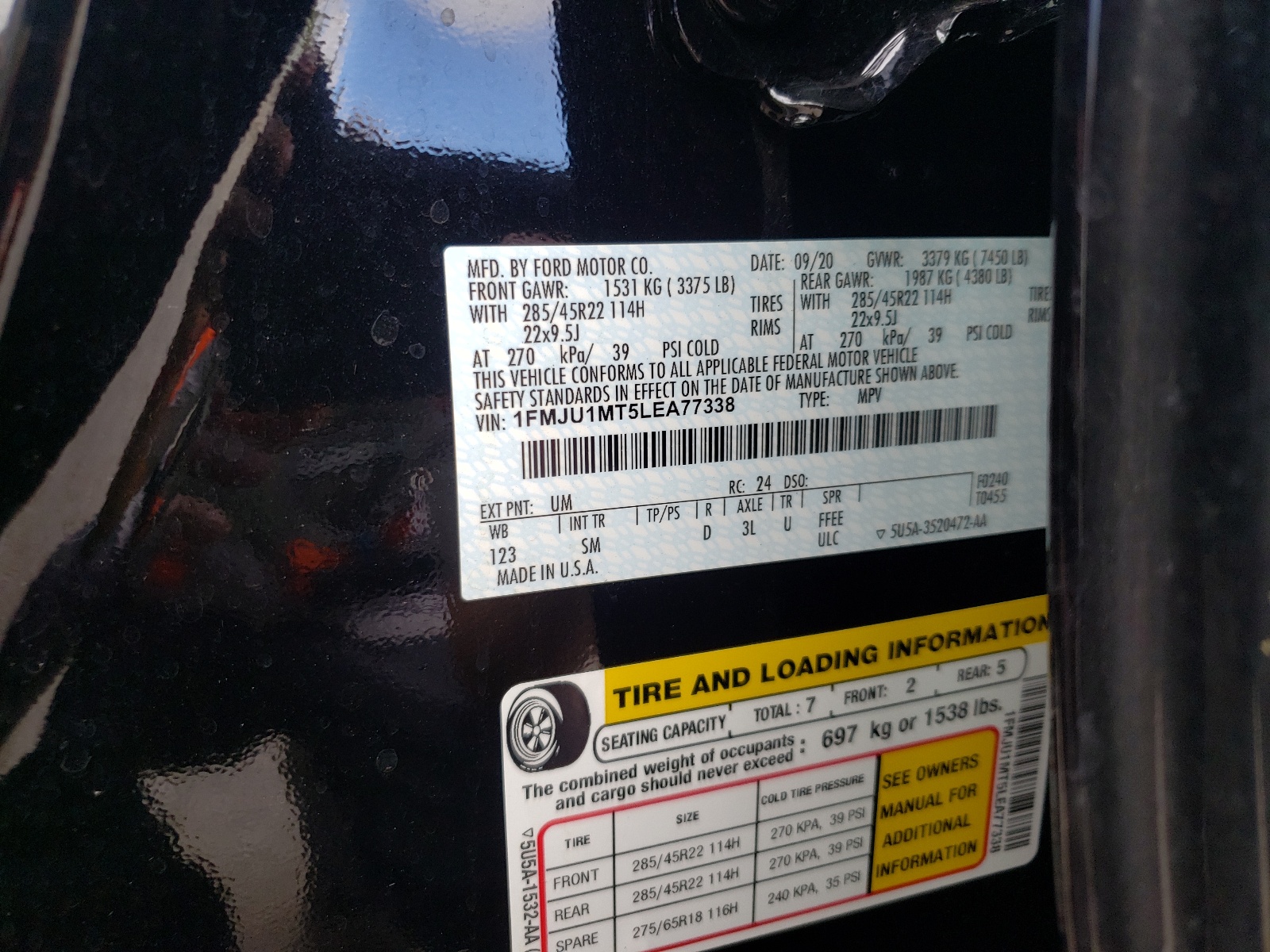 1FMJU1MT5LEA77338 2020 Ford Expedition Platinum