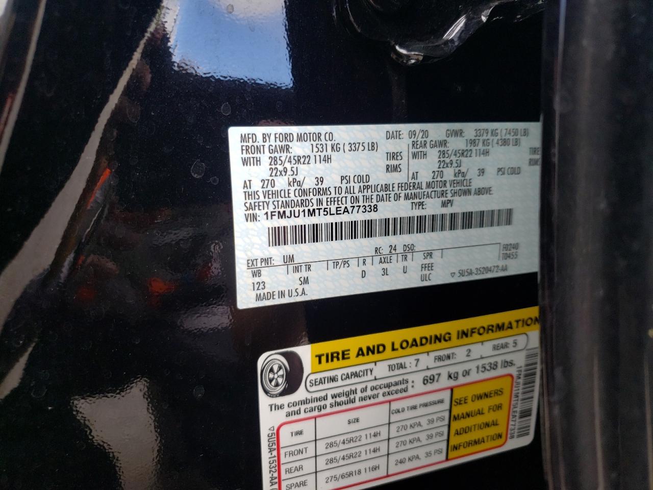 2020 Ford Expedition Platinum VIN: 1FMJU1MT5LEA77338 Lot: 66387061