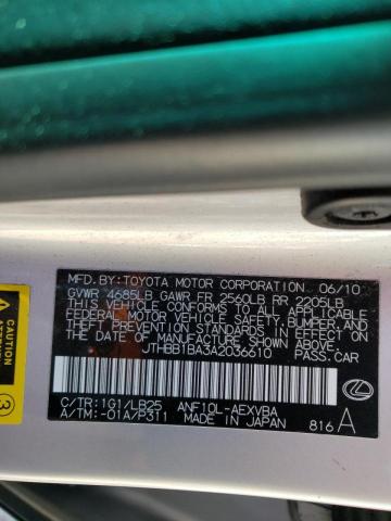 2010 LEXUS HS 250H JTHBB1BA3A2036610