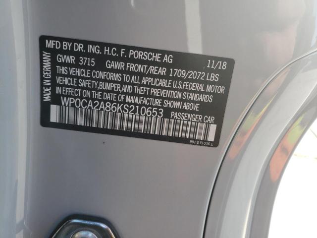 2019 PORSCHE BOXSTER BA WP0CA2A86KS210653