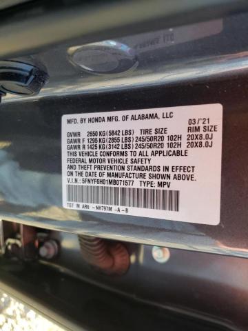 2021 HONDA PILOT ELIT 5FNYF6H01MB071577