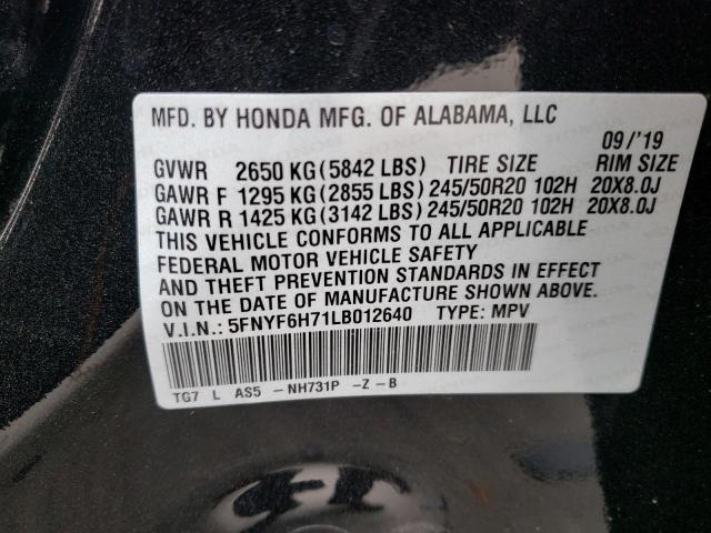 2020 HONDA PILOT BLAC 5FNYF6H71LB012640