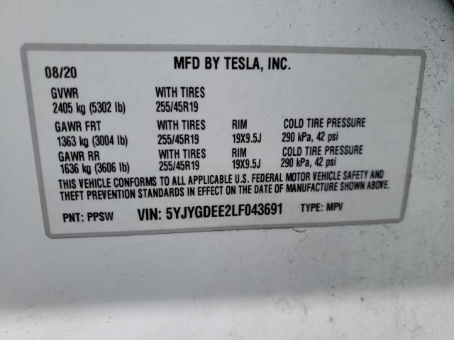 2020 TESLA MODEL Y 5YJYGDEE2LF043691