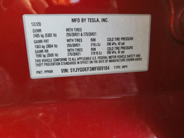 2021 TESLA MODEL Y 5YJYGDEF3MF089184