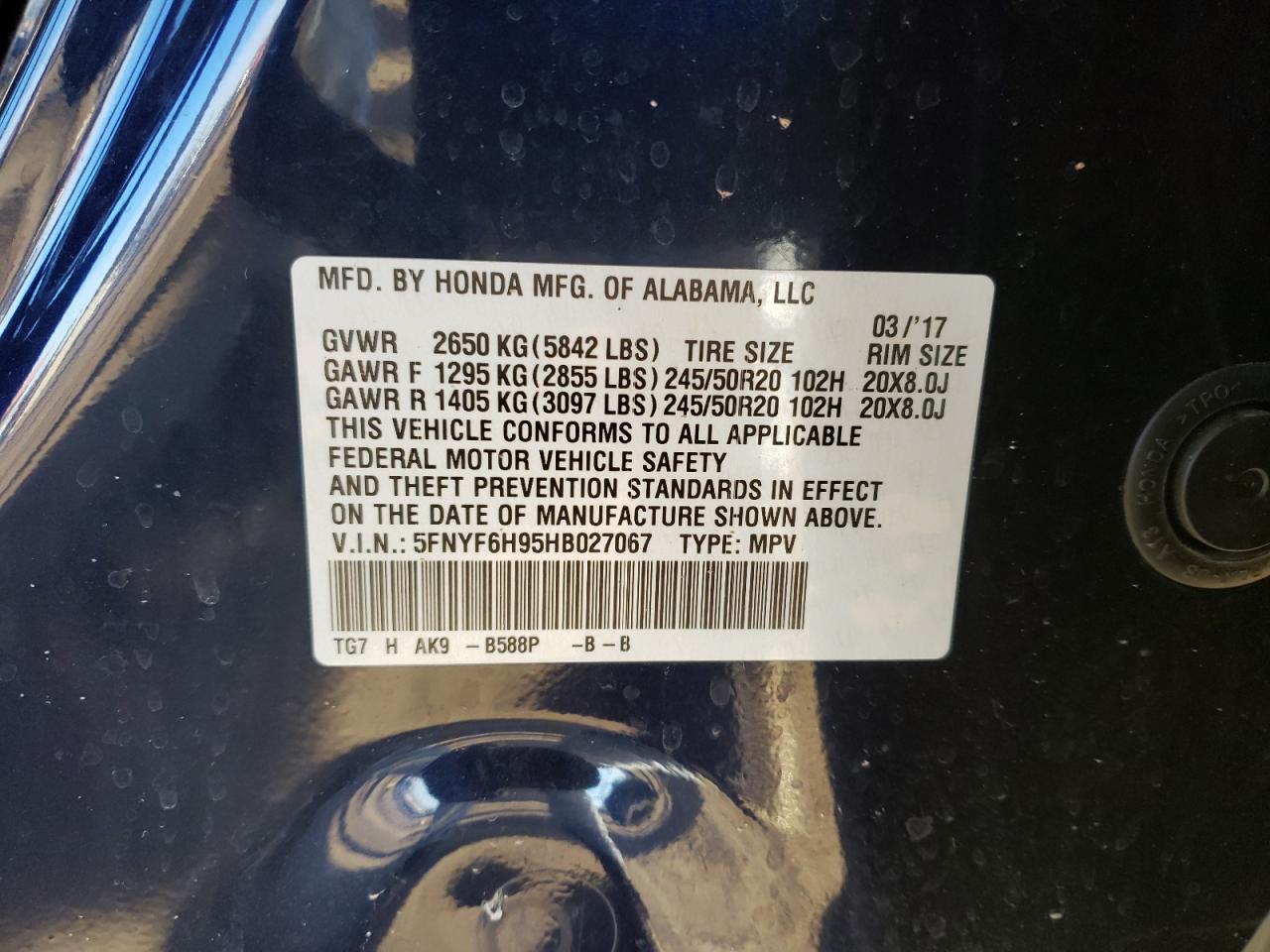 5FNYF6H95HB027067 HONDA PILOT 2017