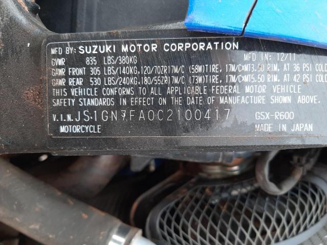2012 SUZUKI GSX-R600 JS1GN7FA0C2100417
