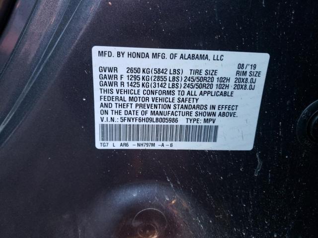 2020 HONDA PILOT ELIT 5FNYF6H09LB005986