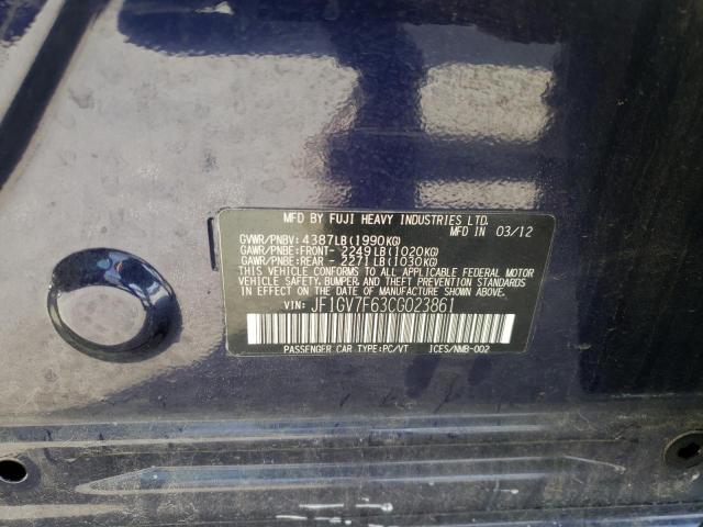 2012 SUBARU IMPREZA WR JF1GV7F63CG023861