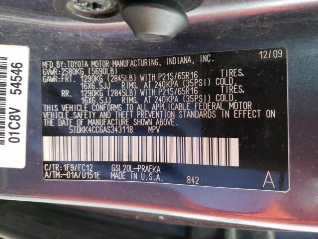 2010 TOYOTA SIENNA CE 5TDKK4CC6AS343118