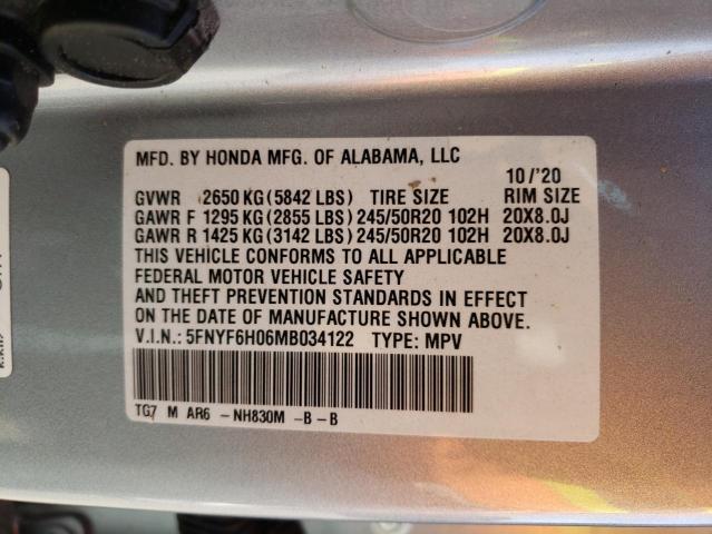 2021 HONDA PILOT ELIT 5FNYF6H06MB034122