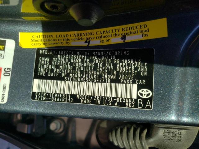 5YFBURHE5KP947710 Toyota Corolla L 2019. Фото: 9