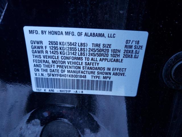 2019 HONDA PILOT ELIT 5FNYF6H01KB001848