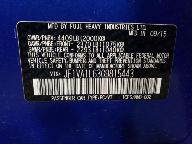 2016 SUBARU WRX LIMITE JF1VA1L63G9815443