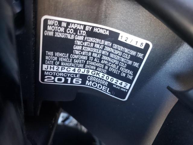2016 HONDA CBR600 RR JH2PC40J9GK200242