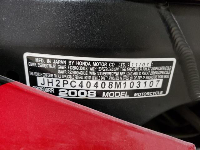 2008 HONDA CBR600 RR JH2PC40408M103107