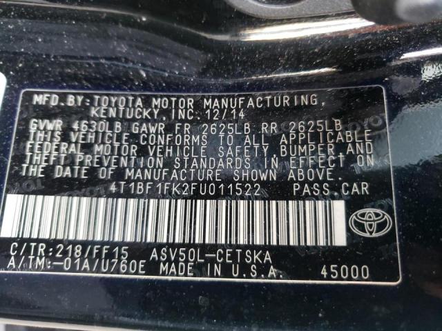 4T1BF1FK2FU011522 Toyota Camry Le 2015. Фото: 9
