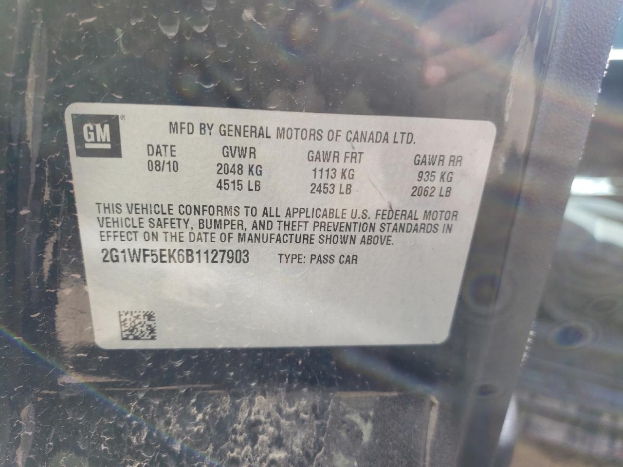 2011 Chevrolet Impala Ls VIN: 2G1WF5EK6B1127903 Lot: 67032841