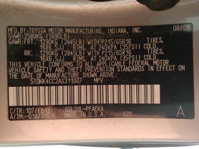 2010 TOYOTA SIENNA CE 5TDKK4CC2AS311007