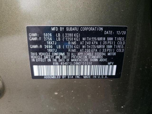 2021 SUBARU OUTBACK ON 4S4BTGLD8M3155550