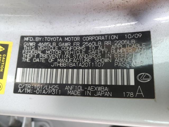 2010 LEXUS HS 250H JTHBB1BA1A2011107