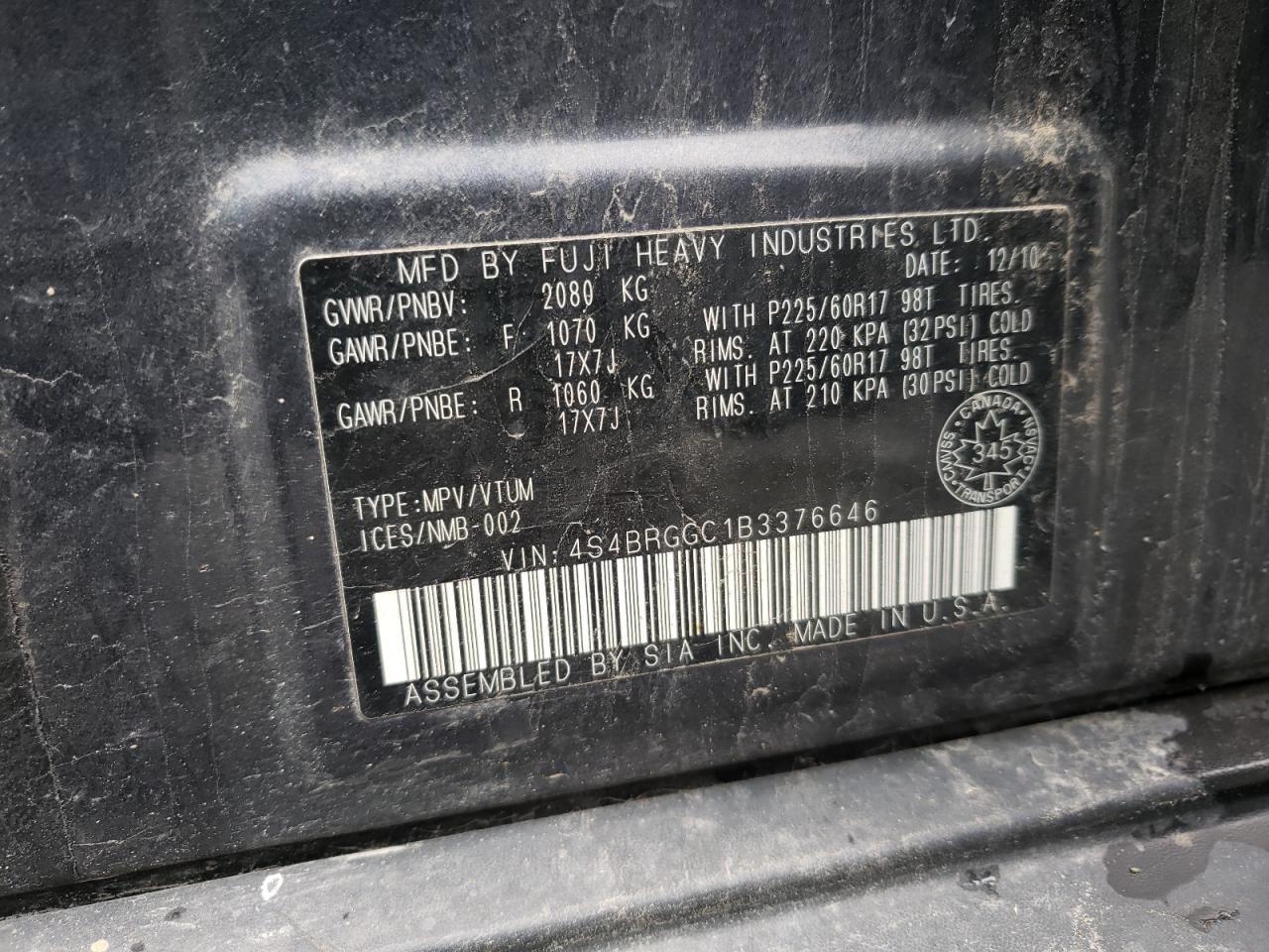 2011 Subaru Outback 2.5I Premium VIN: 4S4BRGGC1B3376646 Lot: 67279021