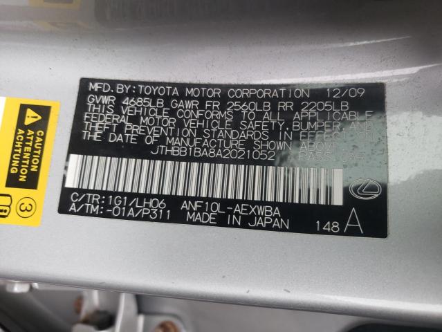2010 LEXUS HS 250H JTHBB1BA8A2021052