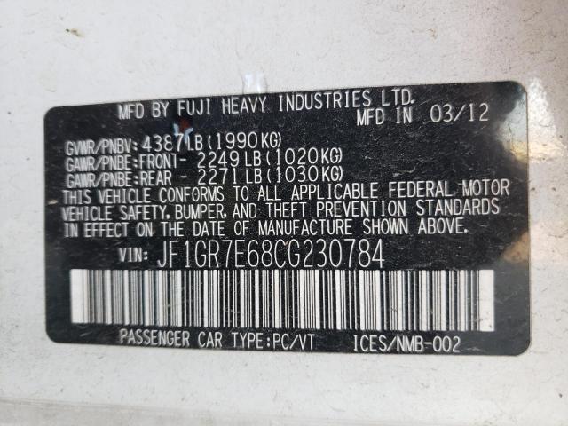 2012 SUBARU IMPREZA WR JF1GR7E68CG230784