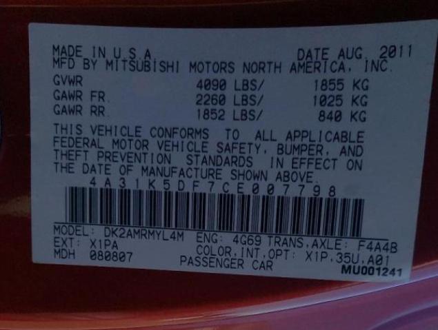 2012 MITSUBISHI ECLIPSE GS 4A31K5DF7CE007798