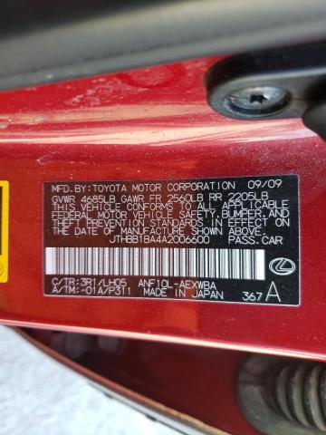 2010 LEXUS HS 250H JTHBB1BA4A2006600