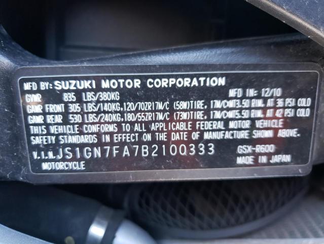 2011 SUZUKI GSX-R600 JS1GN7FA7B2100333