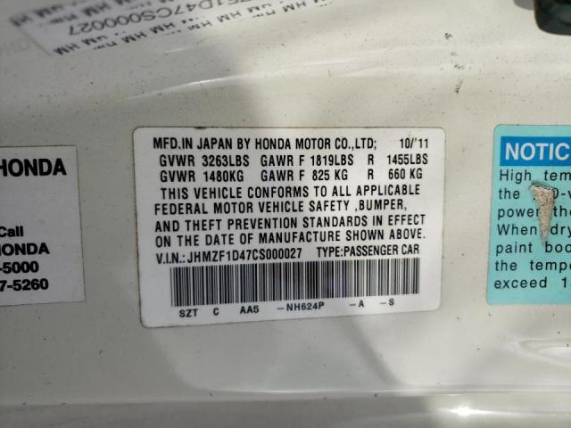 2012 HONDA CR-Z JHMZF1D47CS000027