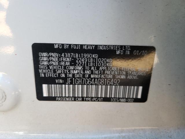2010 SUBARU IMPREZA WR JF1GH7G64AG816492