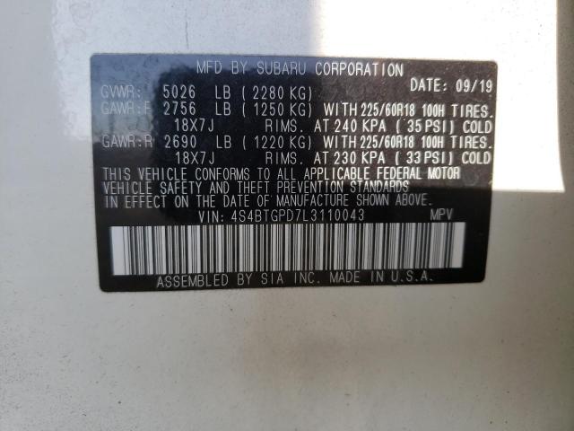 2020 SUBARU OUTBACK TO 4S4BTGPD7L3110043